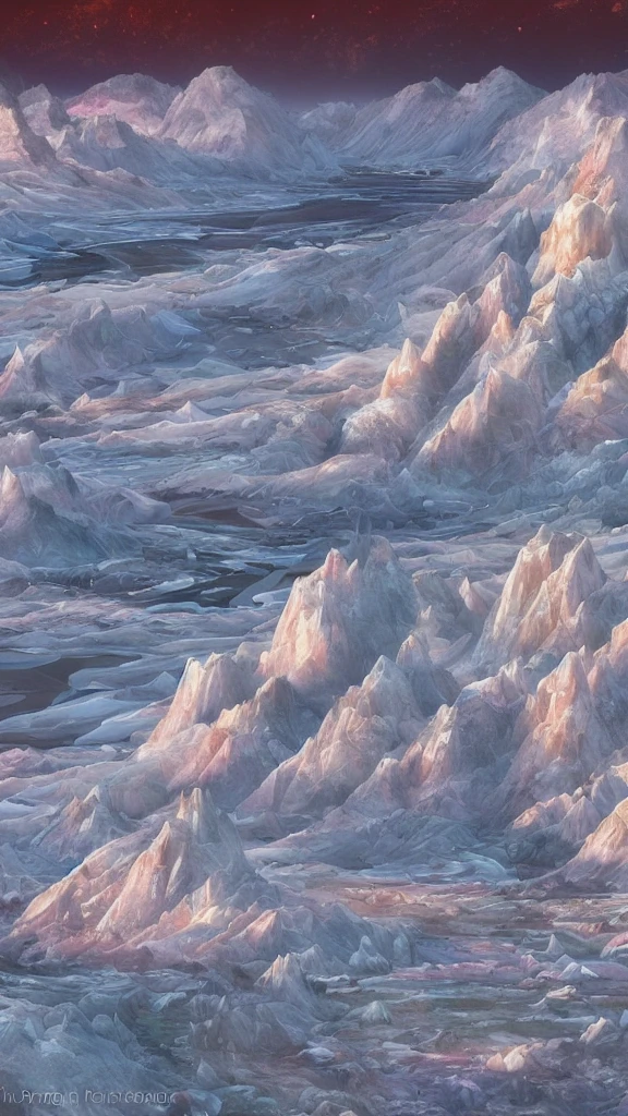 Planet of crystals and gems, (((crystals and gems)), fantasy art alien planet, valley of crystals and salt deposits, a mountain river with crystalline banks runs diagonally, Samdoesarts style. Stunning landscape, Huge scale, soft colors, Muted contrast, very detailed and confusing. mountain valley river. Valley of crystals on the planet, space fiction, many sharp protruding rock crystals, crystals sparkle and shimmer, light fog,  sunrise. divine rays, sharp focus