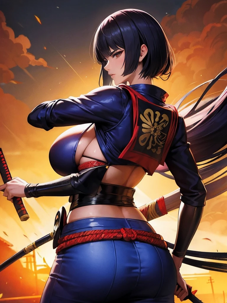 Ukiyoe anime art,Samurai shodown,Samurai spirits,samurai western,western movie,east meets west,gun woman,adult ninja woman,look back,enormous breasts,bazooka,missile,Shinkai Makoto Anime works,Illustration,High resolution,8K,Very detailed,Best Illustration,Best Quality,ultra-detailliert,masterpiece,     