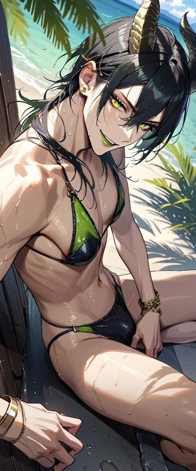 masterpiece, highres, absurdres, illustration, ((masterpiece:1.4, best quality)), (Ultra detailed background), 1boy, handsome man, highly detailed beautiful face and eyes, beautiful eyes, (sharp detail:1.3), shiny, earrings, bracelet, (wet bikini:1.3), Bari, Cebu Island, plumeria, near the beach, 1boy, sitting on floor, dynamic angle, malleus draconia (twisted wonderland) horns, bishounen, boy, male, yana Toboso style, long hair, black hair, yellow green eyes, smile, gray lips, handsome, skinny, tall, yellow green glow,AddXL
