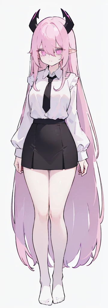 (((Long Pink hair))),Pink hair,kawai,(((Eyes visible from bangs,hair over eyes:1.3))),,Huge breasts,(purple color eyes),,(purple slanted eyes),1girl in,bangs,long White hair, pantyhose,Cowboy Shot,white background,Straight hair hair,(On both sides of the head has sharp black devil horns) ((head bowed pose)) Ter's hair flows straight down, has two sharp black horns (slant purple eyes) (((wearing a perfect white shirt))) white shirt sleeves should be folded to the elbows ((Don't wear any ties (wear a black skirt,) (showing her bare thighs) Long black skirt split at the thighs, perfect white shirt, no accessories like a tie (sexy body) Bare thighs without wearing any socks, The character's body is visible from head to ankle, ((Tall slim perfect body)) (tight black skirt) full body full body full body full body (Full body image) legs wearing a short white loose t-shirt, Perfect long toe legs kawai, Long slim legs