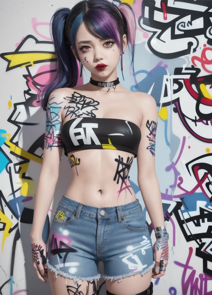 masterpiece, best quality, 1girl, solo, crop top, denim shorts, choker, (graffiti:1.5), paint splatter, arms behind back, against wall, looking at viewer, armband, thigh strap, paint on body, head tilt, bored, multicolored hair, aqua eyes, headset
