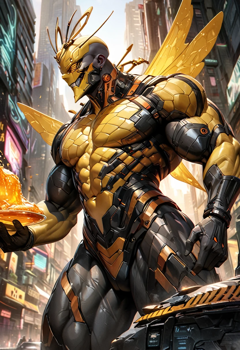 ((absurdres)) perfect whole body, ultra photorealistic, top quality, Photorealistic, ((16k UHD)) High Definition, high-res, ultra sharp, masterpiece, the best quality, intricate details, detailed eyes, perfect face detailed face, (((in a cyberpunk city))) orange goggles, masterpiece, highly detailed exquisite character art, perfectly detailed anatomy, detailed body, detailed pecs, hyper pecs, thick thighs, (((sunny weather))) (((natural lights))), ultra-realistic, (((1male))) ((tall muscular man male humanoid)), bald, humanoid yellow skin, bee anatomy, deity, god of honey bees, humanoid black & yellow skin tone, yellow hue, powerful humanoid appearance, compound eyes, stinger, abdomen, metallic scales, scales. Metallic armour, wings, elf ears, glossy skin, large smirking face, flying in the sky, mandibles, Antenna, honey, ((male muscular stripe black & yellow humanoid insect honey bee)) (((yellow skin))), (((black skin)))