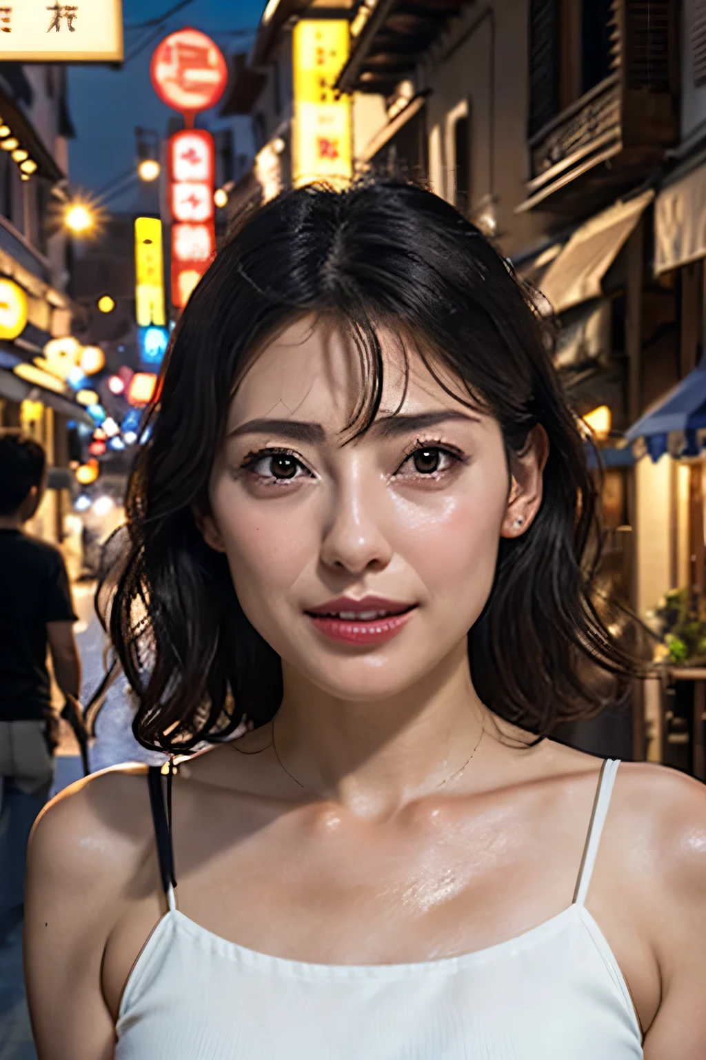 Tabletop,,Award-winning photo, Very detailed, Sharp focus on the eyes, Nose and mouth,Face Focus, Woman with open mouth and closed eyes, Red camisole、Age 35,Black-haired、Symmetrical face,Realistic nostrils、Angle from below、Elongated C-shaped nostrils,,,,,,,,,,,,,,,,,,,Browsing Caution,Italy、restaurant,Outdoor table,Sweaty skin、Lighting that accentuates skin that shines with sweat、((Nose hook))Skin shiny with sweat、Glowing Skin、Sweaty hair,Beautiful Japan actress,