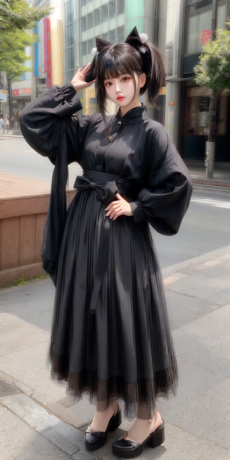 girl,full body,(detailed face:1.2), pure background,masterpiece, fashion,tokyo,harajuku,, medium hair, black hair, twintails, blunt bangs, brown eyes, huge round bteasts, 