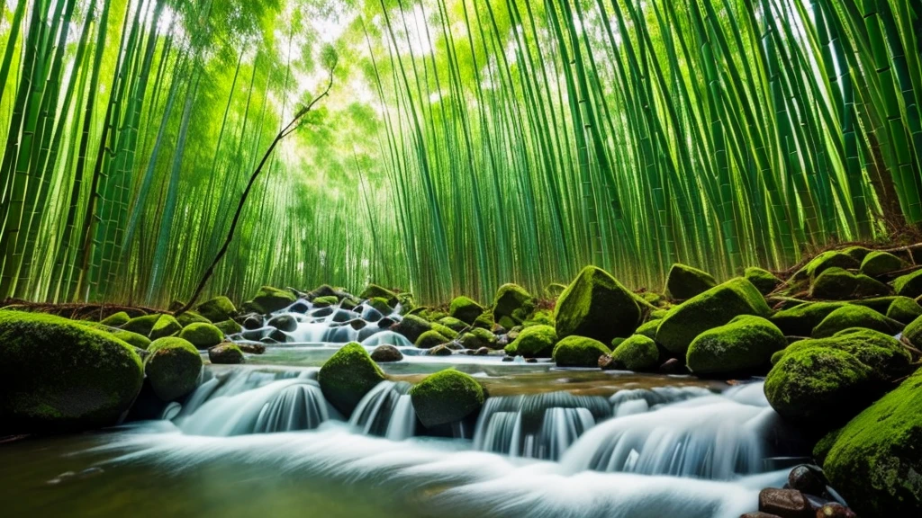 Professional photography, highest resolution DSLR camera Maximum details Perfect shadows, 16K images, water flowing from bamboo tubes, streams, green trees, flowers.