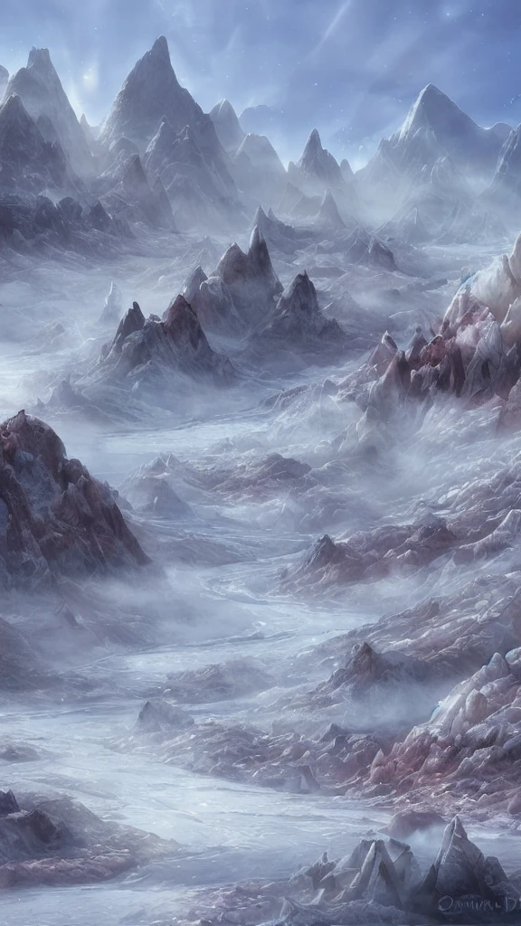 Planet of crystals and gems, (((crystals and gems)), fantasy art alien planet, valley of crystals and salt deposits, a mountain river with crystalline banks runs diagonally, Samdoesarts style. Stunning landscape, Huge scale, soft colors, Muted contrast, very detailed and confusing. mountain valley river. Valley of crystals on the planet, space fiction, many sharp protruding rock crystals, crystals sparkle and shimmer, light fog, sunrise. divine rays, sharp focus