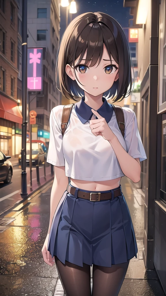 nobarakugisaki, nobara kugisaki, bob cut, (brown eyes:1.5), brown hair, lips, short hair,
BREAK belt, brown belt, brown pantyhose, crop top, crop top overhang,wet top, jujutsu tech uniform, stockings, pleated skirt, shirt tucked in, skirt, blue skirt, blue crop top,
BREAK looking at viewer,
BREAK indoors,BREAK (masterpiece:1.2), best quality, high resolution, unity 8k wallpaper, (illustration:0.8), (beautiful detailed eyes:1.6), extremely detailed face, perfect lighting, extremely detailed CG, (perfect hands, perfect anatomy),street, city, wet road, reflections,night,staying in middle of street,bend over to camera.