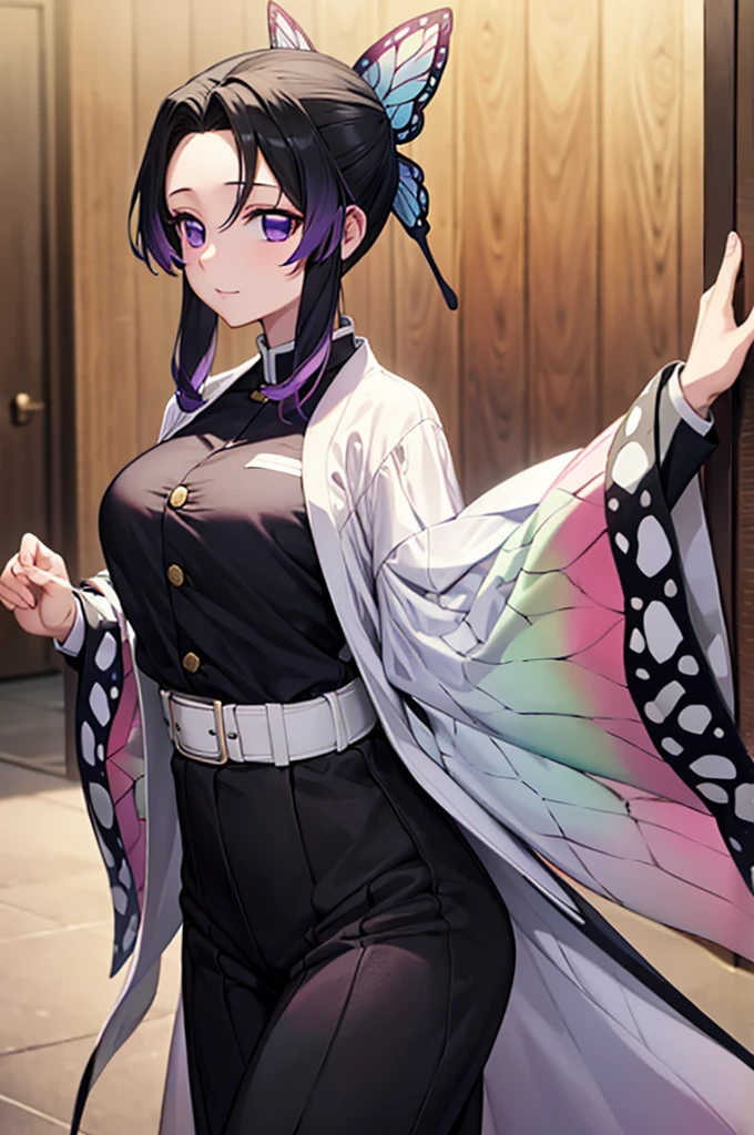 (masterpiece:1.3), (best quality:1.1), (8k, ultra detailed, ultra high res:1.2), ((anime style)), perfect 5 fingers, perfect anatomy, 
1girl,
Kamado Nezuko, 
BREAK long hair, wavy hair,  
black hair, hair intakes, gradient hair, 
purple eyes, 
bow in hair, butterfly, 
large breasts,  
BREAK black shirt, black tethered pants, white haori, 
looking at viewer, standing, 
cowboy shot, 
perfect light, 