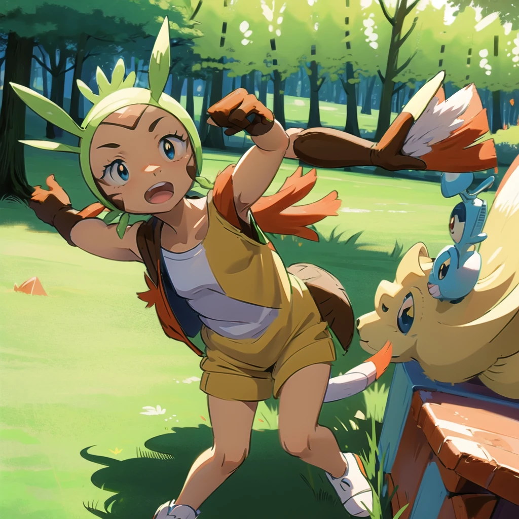 (masterpiece, best quality:1.2),solo,harimaron \(pokemon\),pokemon \(creature\),full body,no humans,forest, lake