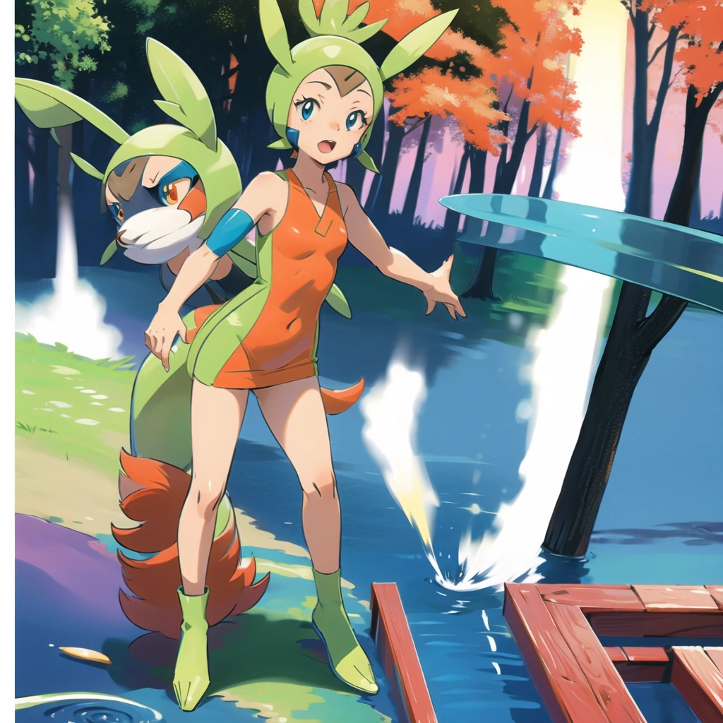 (masterpiece, best quality:1.2),solo,harimaron \(pokemon\),pokemon \(creature\),full body,no humans,forest, lake