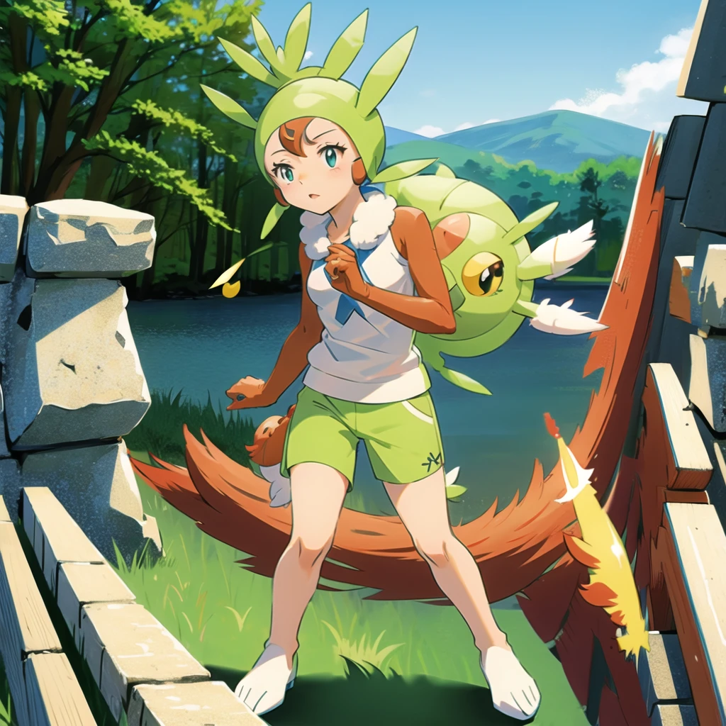 (masterpiece, best quality:1.2),solo,harimaron \(pokemon\),pokemon \(creature\),full body,no humans,forest, lake
