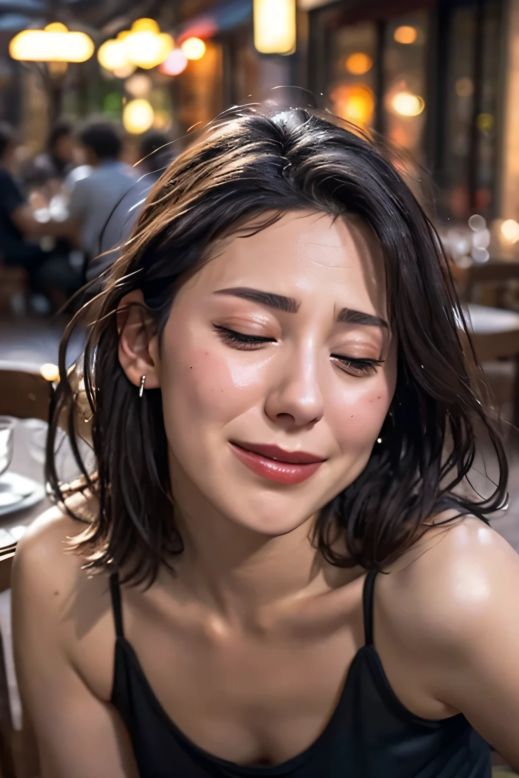 Tabletop,,Award-winning photo, Very detailed, Sharp focus on the eyes, Nose and mouth,Face Focus, Woman with open mouth and closed eyes, Red camisole、Age 35,Black-haired、Symmetrical face,Realistic nostrils、Angle from below、Elongated C-shaped nostrils,,,,,,,,,,,,,,,,,,,Browsing Caution,Italy、restaurant,Outdoor table,Sweaty skin、Lighting that accentuates skin that shines with sweat、((Nose hook))Skin shiny with sweat、Glowing Skin、Sweaty hair,Beautiful Japan actress,