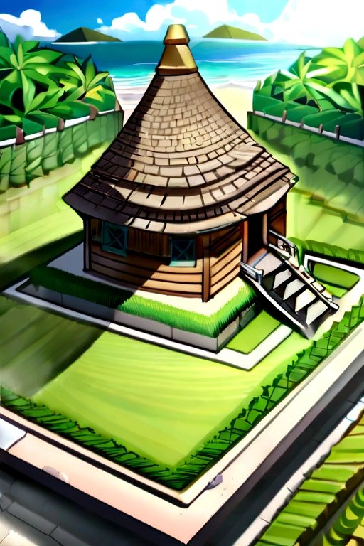 Create a civilization on an island, not so advanced, houses made of wood, Plantations