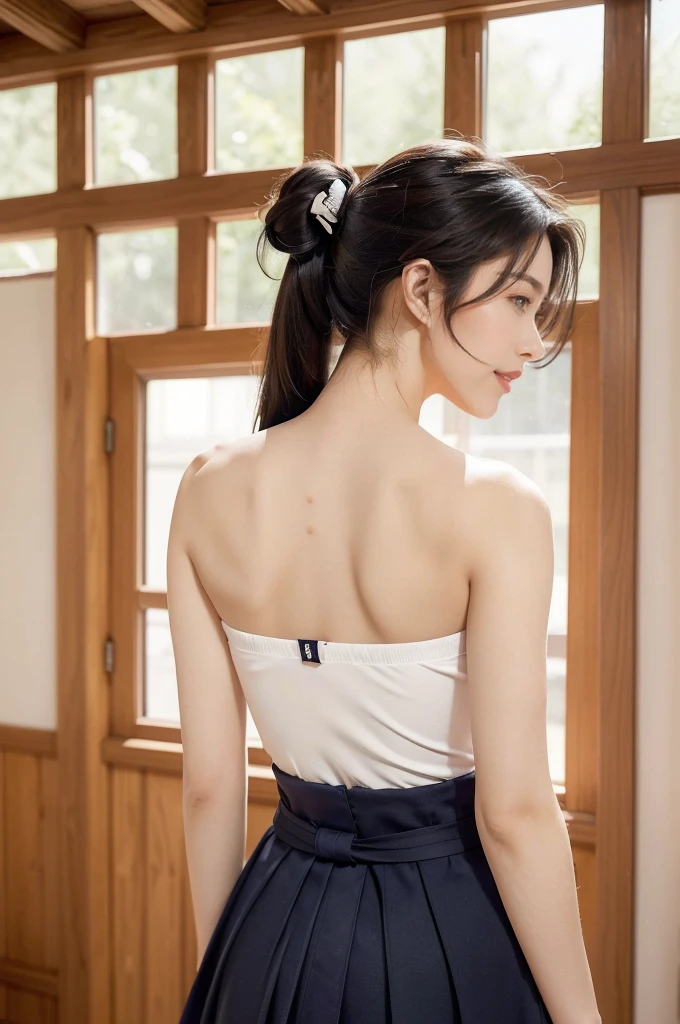 (((best quality))),(((ultra detailed))),(((masterpiece))),illustration,1girl,solo,short ponytail,slim,thin,((strapless,shoulder off,bare back,towering hips,butt crack)),white collar,white tank top,maxi navy-blue kendo hakama,standing in kendo gym,focused and determined expression,ready for challenge,slender and elegant face,confident and resilient,fair skin,blush,neat teeth,bright smile,clean and tidy uniform,wooden gym floor,wall,pine scent,standard grip,ready to slice through obstacles,strong belief,determination,spirit of resilience,admiring,((from back,upper body))