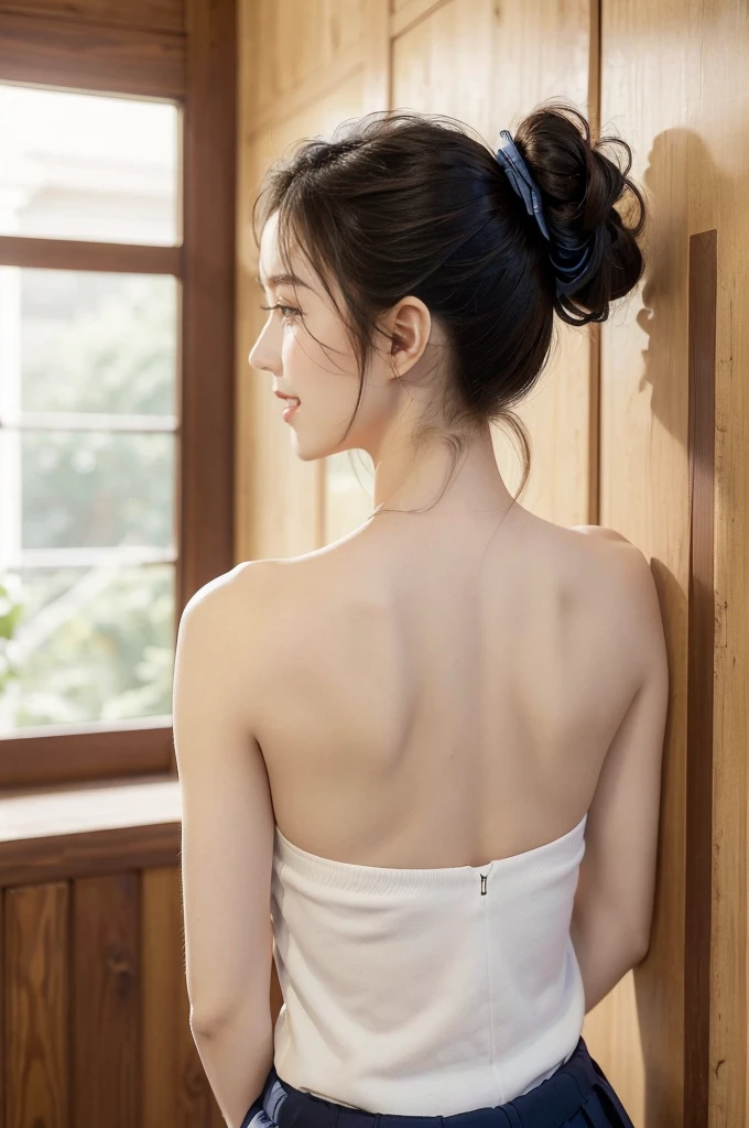(((best quality))),(((ultra detailed))),(((masterpiece))),illustration,1girl,solo,short ponytail,slim,thin,((strapless,shoulder off,bare back,towering hips,butt crack)),white collar,white tank top,maxi navy-blue kendo hakama,standing in kendo gym,focused and determined expression,ready for challenge,slender and elegant face,confident and resilient,fair skin,blush,neat teeth,bright smile,clean and tidy uniform,wooden gym floor,wall,pine scent,standard grip,ready to slice through obstacles,strong belief,determination,spirit of resilience,admiring,((from back,upper body))