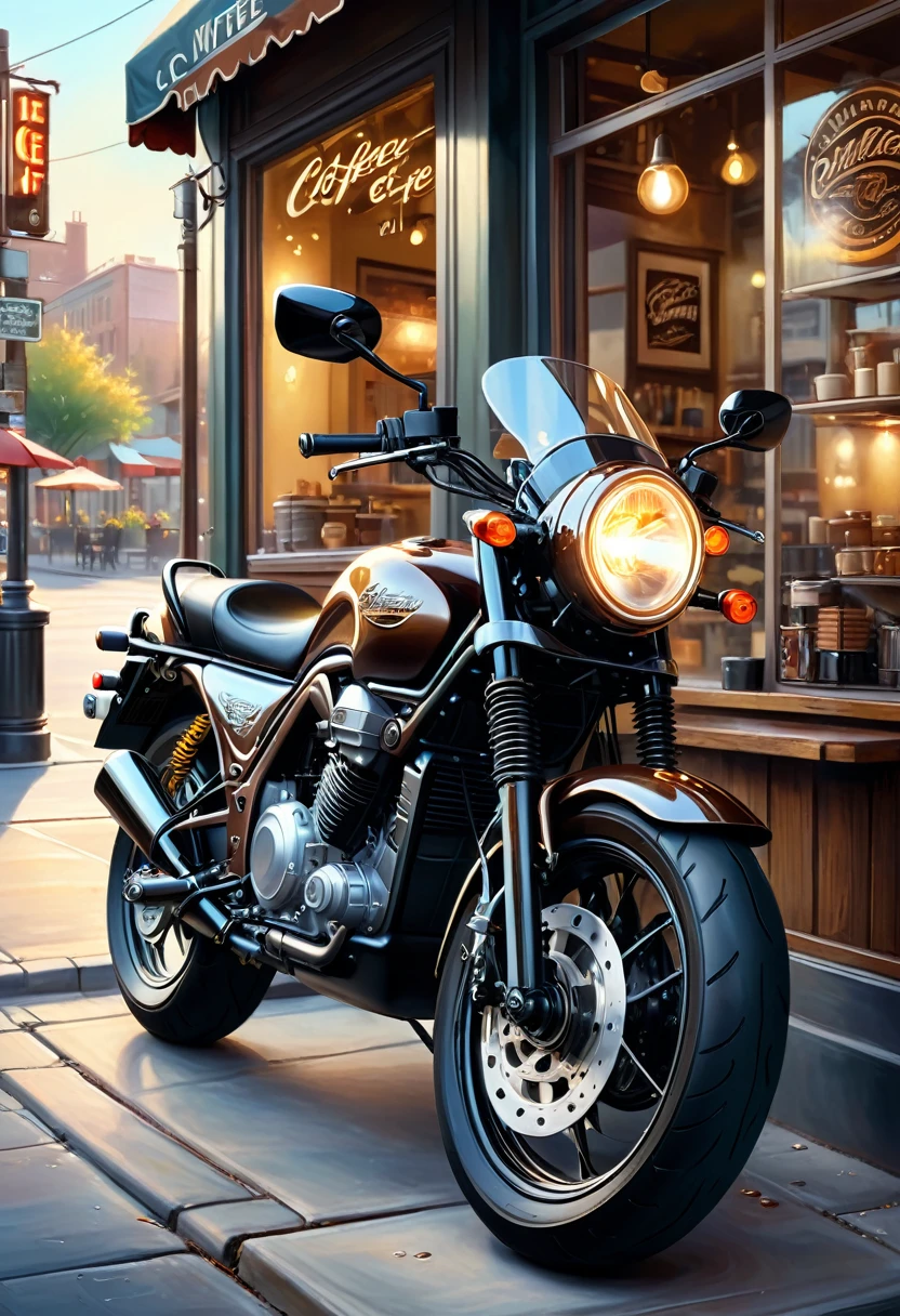 
                ( perfect anatomy )masterpiece, Beautiful detailed fresh and elegant aesthetic style airbrush digital oil painting beautiful artwork to create a fresh morning coffee shop scene photo，an electric motorcycle(Novel style，Unique)Closeup motorcycle( perfect anatomy ) Parked elegantly on the street next to the coffee shop.coffee shop scene masterpiece, Highly detailed, photo-realistic original photos, The best film quality, extremely delicate texture, high-quality works of art masters 
         

            

                