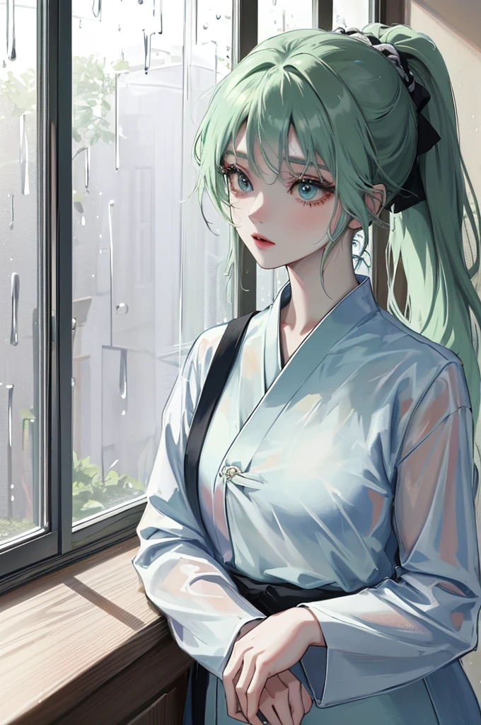 Absurd, masterpiece, Highest quality, Bright colors, Beautiful Korean women in webtoons, Wet day, ((Looking out the window on a rainy day)), rainy day, pony tail, pale green hair, Characters in Korean dramas, Anime Eyes, Semi-casual attire, masterpieceの背景, indoor,
