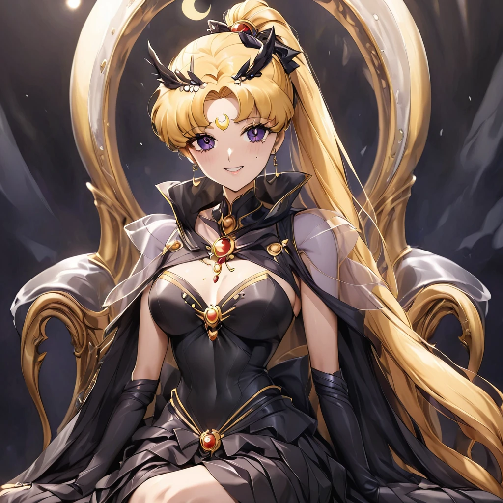 ((Highest quality)), ((masterpiece)), (detailed), (Perfect Face)、Black moon mark on forehead、The woman is Black Serenity, the noble dark queen of the Black Moon clan and has blonde hair.2The woman with long hair tied in a ponytail is Princess Serenity, sitting on a luxurious throne with a strong and evil archdemon.、The woman has a black inverted crescent moon mark on her forehead, a gorgeous and glittering black gothic Victorian dress, a black veil and a black see-through cape, and is wearing luxurious jeweled accessories. She is the Queen of Darkness, the jet-black Princess Serenity, looking at the camera with a happy expression, and has the expression of a maiden in love.