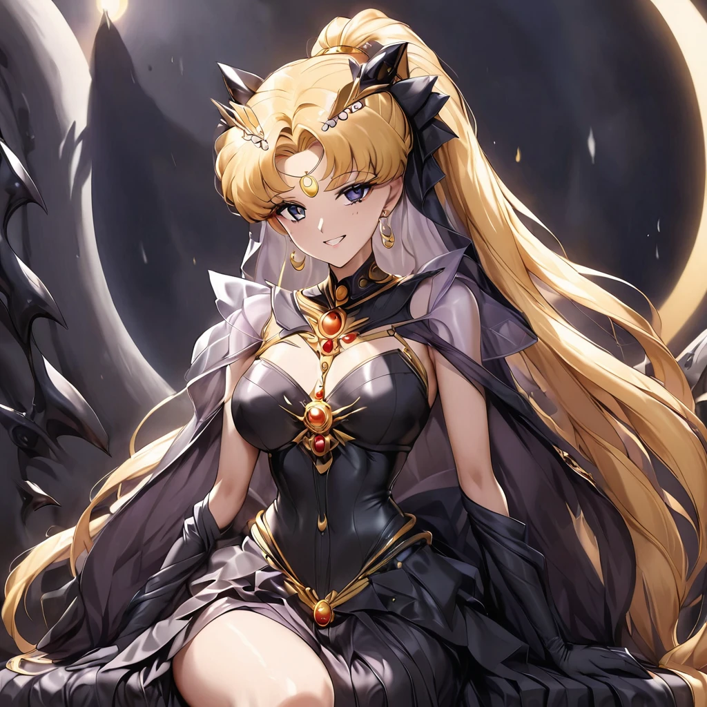 ((Highest quality)), ((masterpiece)), (detailed), (Perfect Face)、Black moon mark on forehead、The woman is Black Serenity, the noble dark queen of the Black Moon clan and has blonde hair.2The woman with long hair tied in a ponytail is Princess Serenity, sitting on a luxurious throne with a strong and evil archdemon.、The woman has a black inverted crescent moon mark on her forehead, a gorgeous and glittering black gothic Victorian dress, a black veil and a black see-through cape, and is wearing luxurious jeweled accessories. She is the Queen of Darkness, the jet-black Princess Serenity, looking at the camera with a happy expression, and has the expression of a maiden in love.