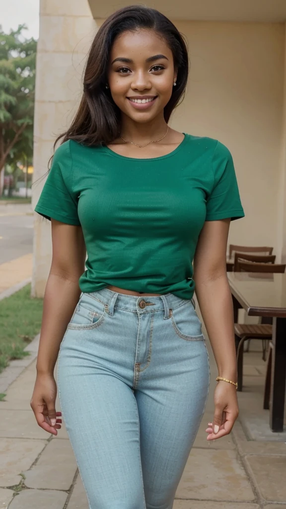 Very attractive 23 year old mixed race Zambia girl, light skinned, nice thighs, light skinned legs, bright smile, full lips, gorgeous body, short light black tight dress, full body, 