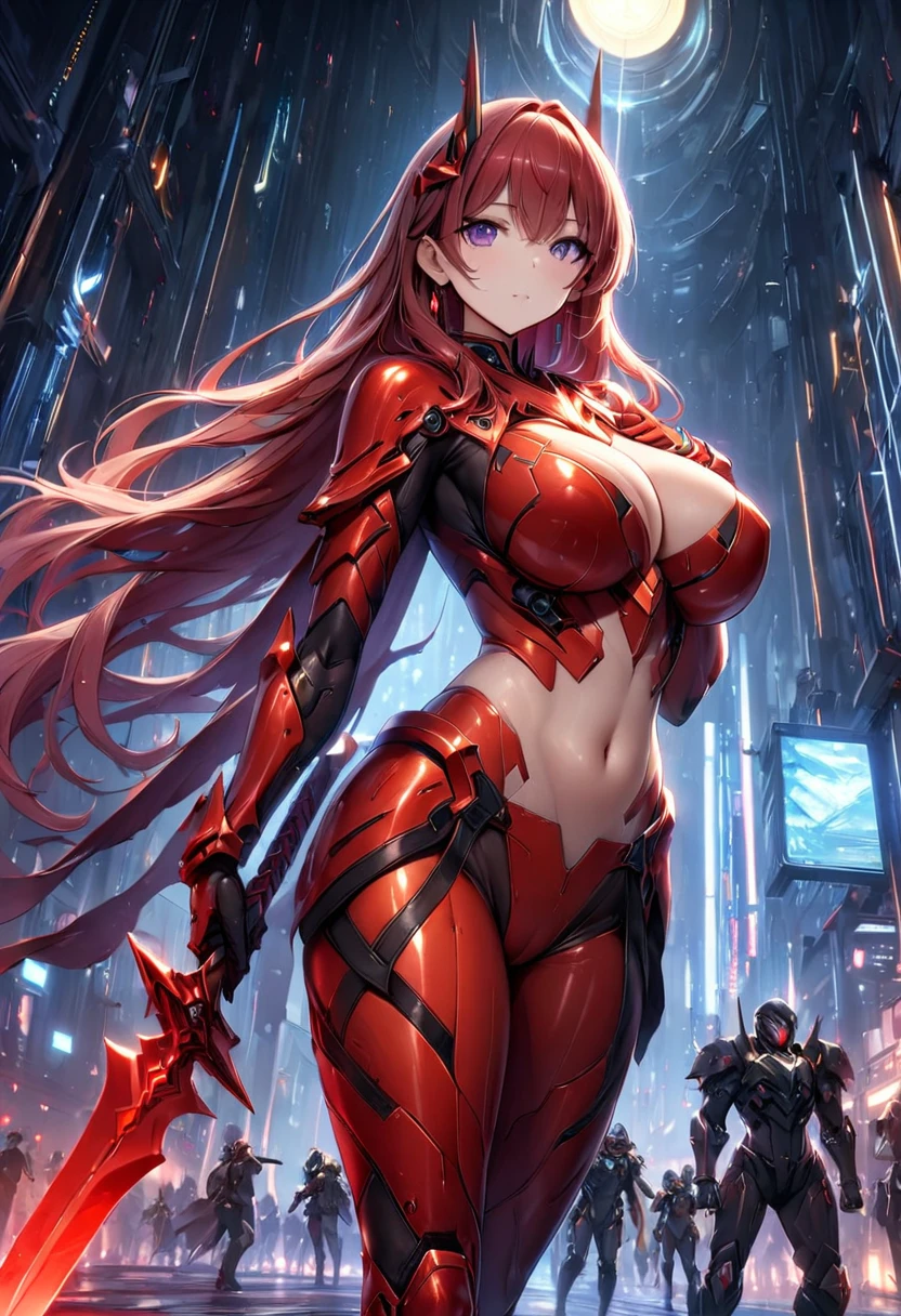 Woman in a futuristic suit, Very detailedな顔, Nice, Mother, Tomboy, Very large breasts, Combat Uniform, Cyber Suit, Anime girl in a tight suit, Milfication, Elegant body, Focus on the navel, gloves, Earrings, foot armor, sf, Female protagonist, Are standing, Volumetric Light, Detailed lighting, Detailed Texture, BoobsCyberpunk, Biomechanical , masterpiece, Top quality eyes, sfの背景, Futuristic landscape、Finding、Ultra-realistic, Ultra-realistic, Very detailed, (Cyber Samurai, ((alone)), attack with red sword, Wearing red armor and a mask, Cape, Shineing beautiful purple eyes, Shine:1.3) (Shineing simple black background:1.25),
