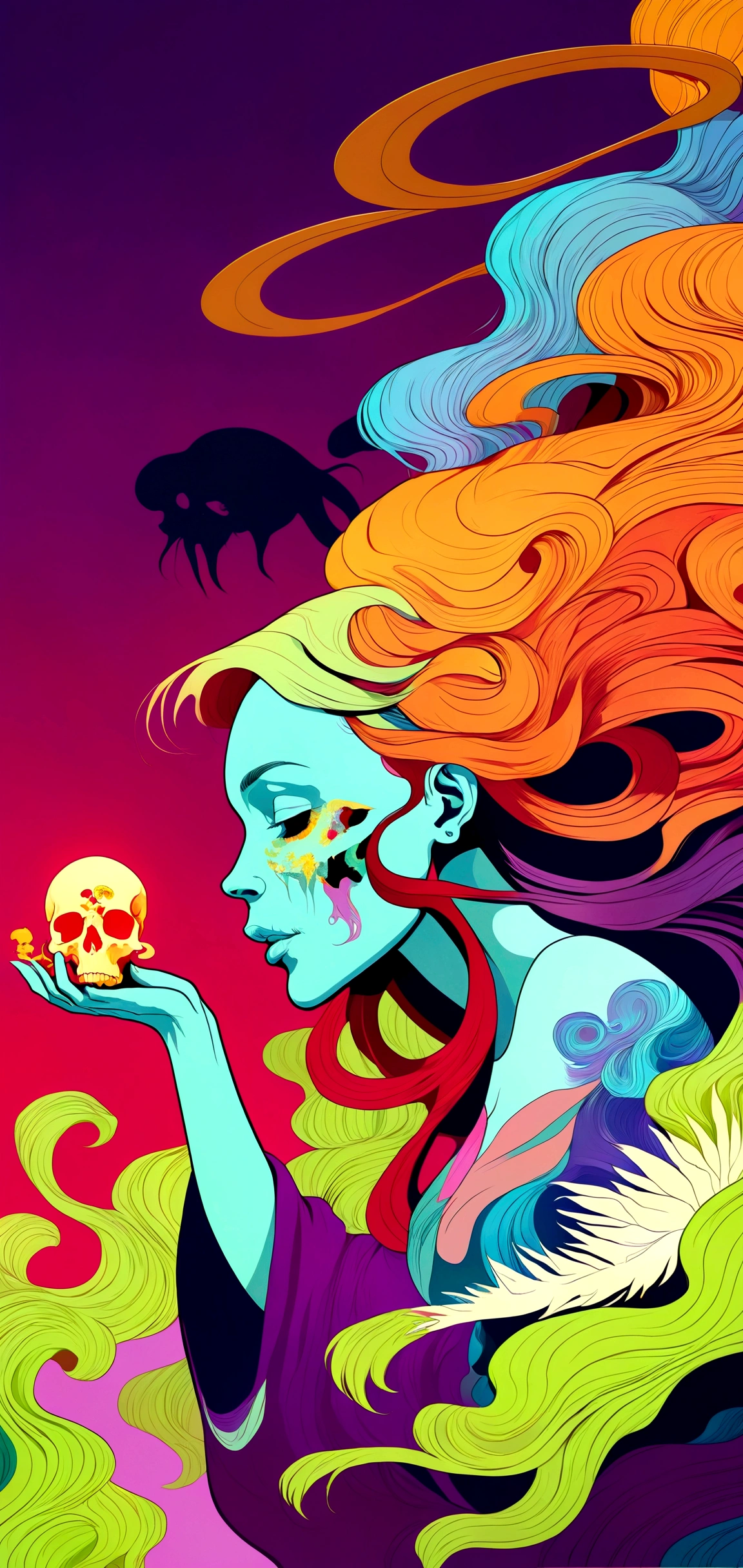 a poster of a woman with long hair holding a skull, digital art inspired by Asaf Hanuka, behance contest winner, psychedelic art, jen bartel, colorfull illustration, psychedelic illustration, colorful illustration, surreal flat colors, laurie greasley and james jean, a beautiful artwork illustration, kilian eng vibrant colors, psychedelic flowing hair