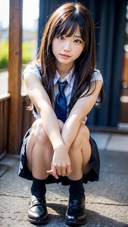 (Realistic, photo Realistic:1.2), ((Highest quality)), ((Detailed eyes、Beautiful Eyes、Fine Eyes))、Prostitute、Return the center of gravity, Quite embarrassing, Tight Skirt, (Pull-up skirt:1.3), Black Penny Loafers, Beautiful face details, Real human skin, Gentle expression, angle from below, Realistic, photoRealistic, cute, Short skirt, deep on school grounds, cute school girl, Japan