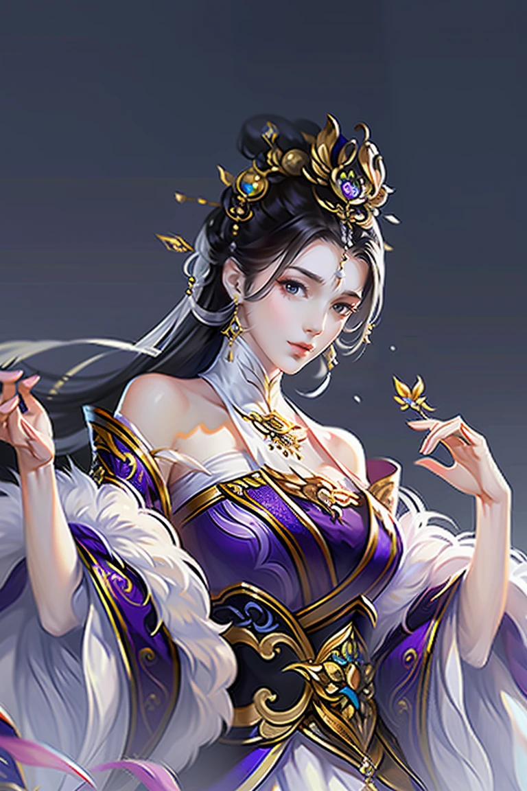（masterpiece，Very detailed，High-resolution details，Highly detailed art）1 girl，Half Body，Jewelry，Xianxia，Purple attire，Game Destruction，Charming expression，Charm，Charming and enchanting，Highly detailed character designs from East Asia，Game character costume design，simple，Ultra-high resolution, Clear focus, Epic Works, masterpiece, (Very detailed的 CG 统一 8k 壁纸)，Pretty Face，beautiful eyes，High-resolution details