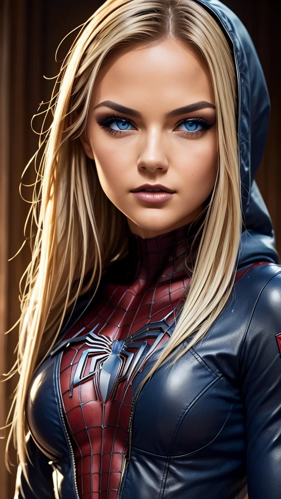 a young woman,sexy,detailed,beautiful blue eyes,stunning blonde hair,seductive spider man leather outfit,hood,full body focus,photorealistic,masterpiece,8k,ultra-detailed,hyperrealistic,chiaroscuro lighting,cinematic,dramatic lighting,warm color palette,captivating gaze