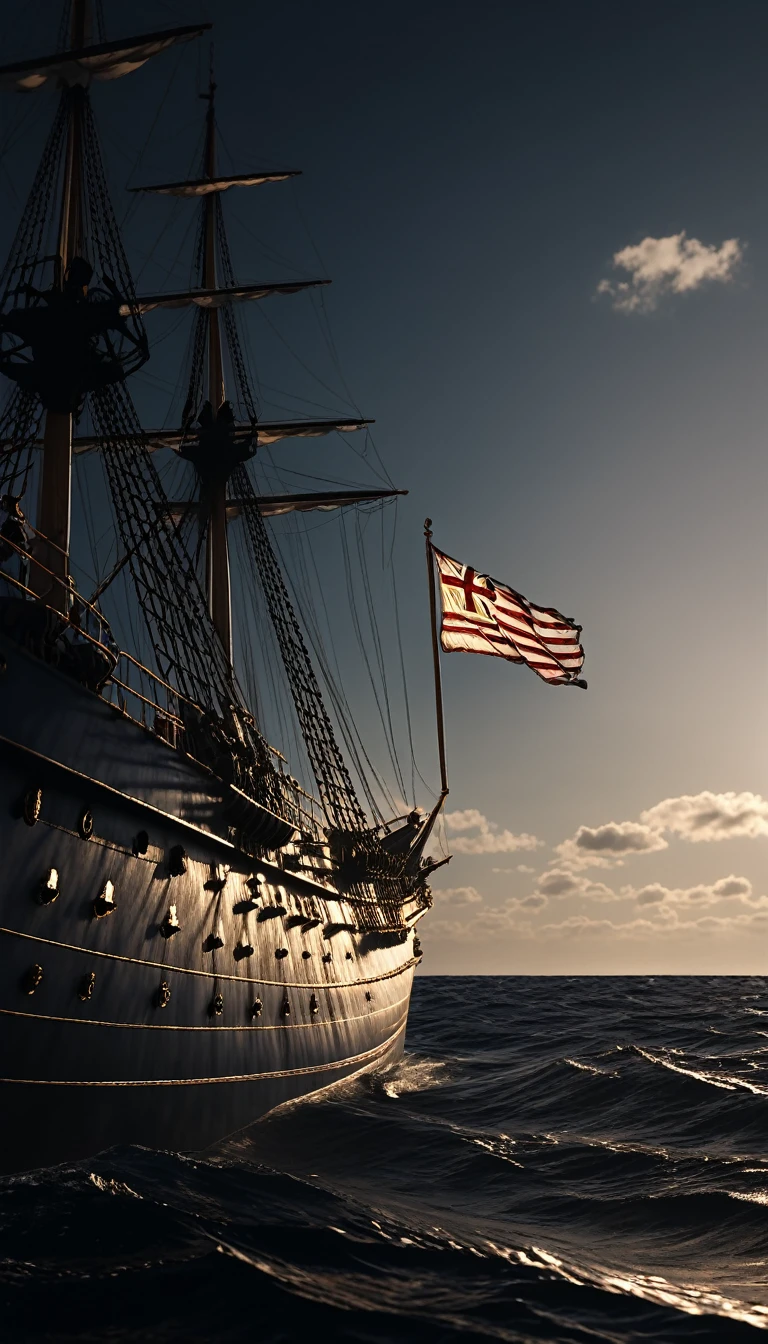 A ship at sea raising a white flag during a naval confrontation, background dark, hyper realistic, ultra detailed hyper realistic, photorealistic, Studio Lighting, reflections, dynamic pose, Cinematic, Color Grading, Photography, Shot on 50mm lens, Ultra-Wide Angle, Depth of Field, hyper-detailed, beautifully color, 8k, golden light from the front,