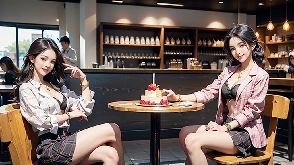 8K、RAW Photos、Highest quality、Super detailed、Super Resolution、Ultra HD、8K壁紙、Amazing details blazer uniform girl ((White blouse with formal collar, Pink Blazer,
Black plaid skirt, Red checkered ribbon on blouse)), Complete limbs, Full Finger,
(((((Inside the Starbucks store)))))、(( female student))、( cake、Drink coffee、smile)))))、(((Heart Necklace、Gold bracelet)))
(((Emphasize cleavage)))
((((Woman sitting at the window seat))))
(((Full body photo、The whole body is visible、Full body portrait)))
((((I can see the flower patterned bra))))