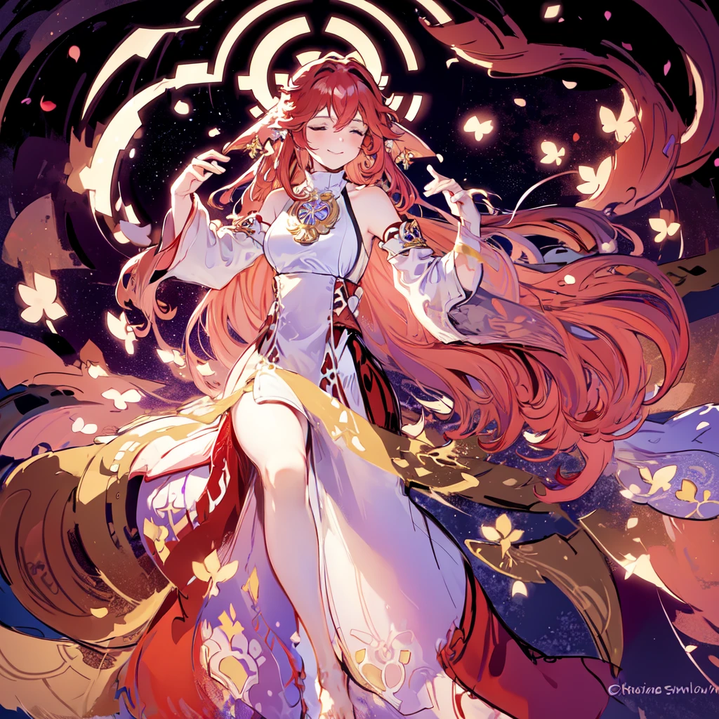 A beautiful princess with long flowing red hair dances in a swirling gown, surrounded by stars, flowers, and suns. Filled with joy, her eyes are closed, reveling in the moment. Art Nouveau, whimsical, fairytale, inspired by Alphonse Mucha and Arthur Rackham, soft lighting, warm colors, intricate details, painterly style.