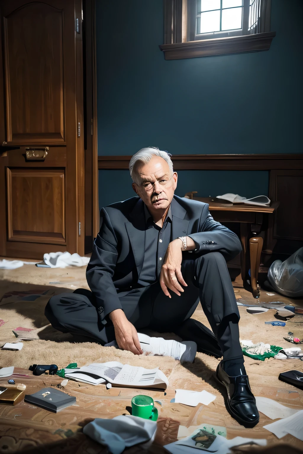 Masterpiece, (top quality), super high resolution, beautiful, visually stunning, elegant, stunning detail, award-winning art, G0S1, mysterious, sighing, cross-legged uncle, 60 years old, lethargic, hunched over, in a room, littered with trash