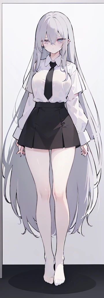 (((Long Grey hair))),Grey hair,kawai,(((Eyes visible from bangs,hair over eyes:1.3))),,Huge breasts,(purple color eyes),,(purple slanted eyes),1girl in,bangs,long greyy hair, pantyhose,Cowboy Shot,white background,Straight hair hair,(On both sides of the head has sharp black devil horns) ((head bowed pose)) Ter's hair flows straight down, has two sharp black horns (slant purple eyes) (((wearing a perfect white shirt))) white shirt sleeves should be folded to the elbows ((Don't wear any ties (wear a black skirt,) (showing her bare thighs) Long black skirt split at the thighs, perfect white shirt, no accessories like a tie (sexy body) Bare thighs without wearing any socks, The character's body is visible from head to ankle, ((Tall slim perfect body)) (tight black skirt) full body full body full body full body (Full body image) legs wearing a short white loose t-shirt, Perfect long toe legs kawai, Long slim legs