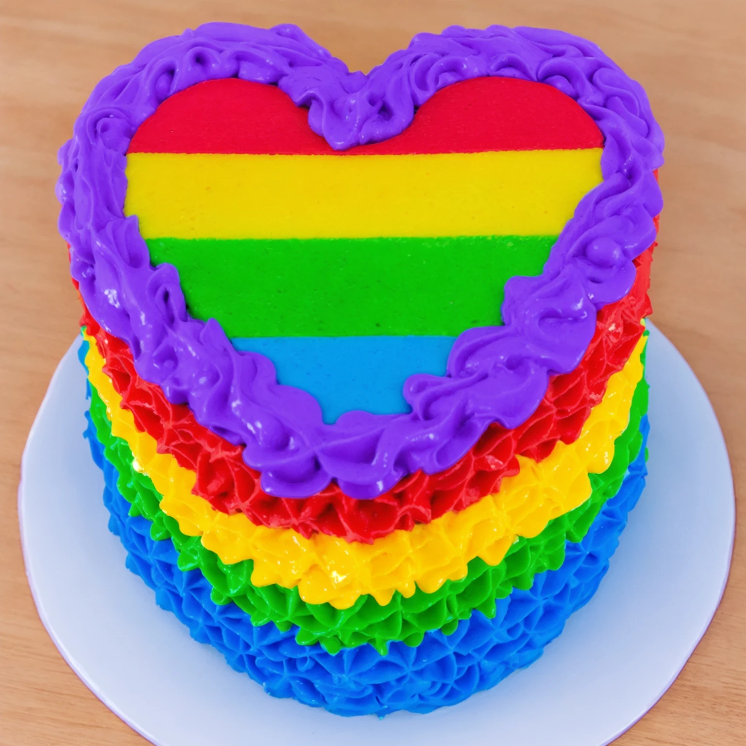 on a wooden table, there is a white plate with a heart cake , rainbow cream heart cake ( star shaped) , красный крем star shaped, желтый кремstar shaped, зеленый крем star shaped, голубой крем star shaped, multi-colored heart on top, decorated with purple cream, cream with highlights, view from above, Beautiful light from the window, beautiful lighting, bright announcement, Multiple light sources, Realistic style, realistic textures, high quality, high detail, detailed textures, ultra 4k hd, macro photography