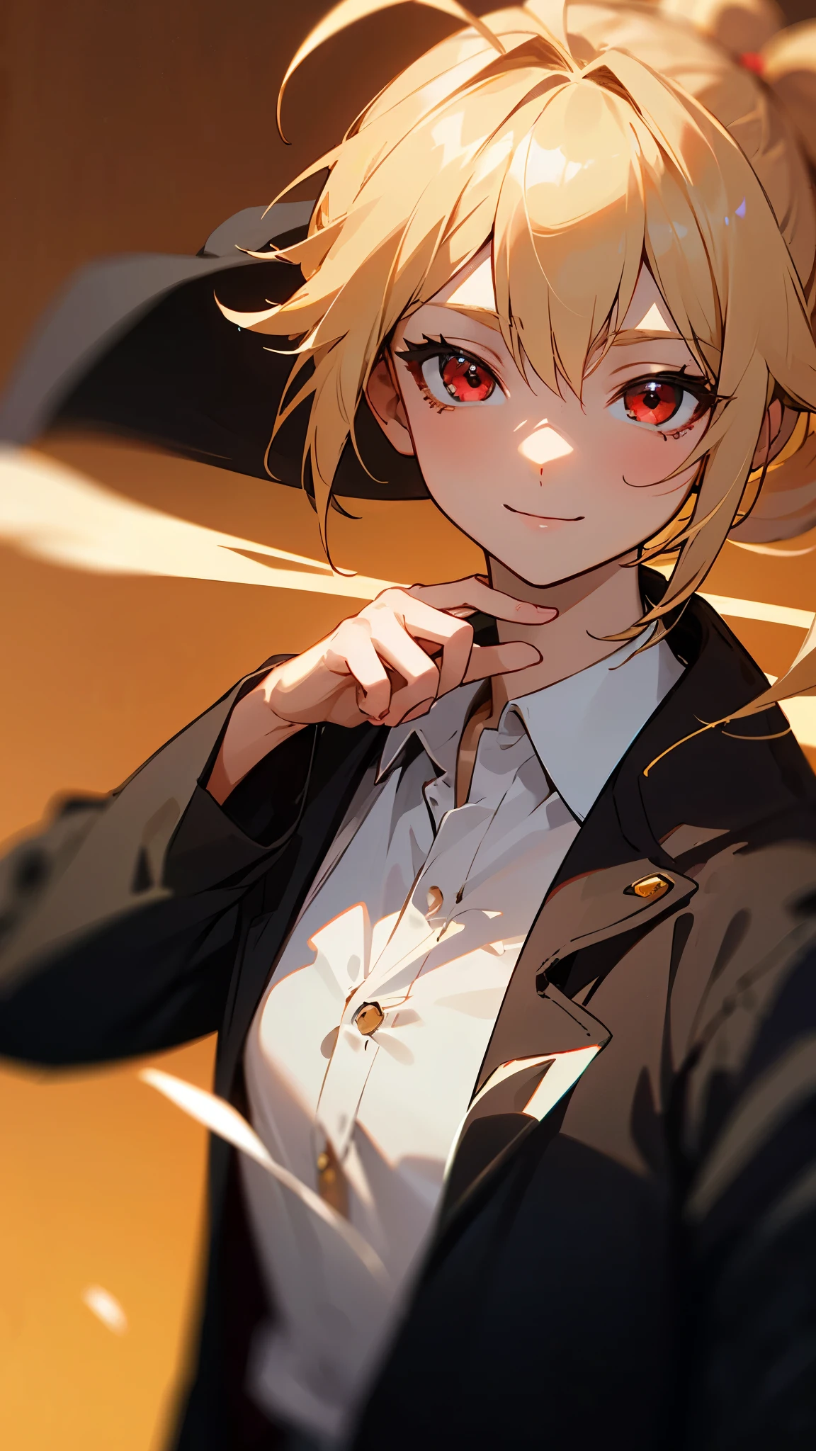 1 Girl、8K、Sharp focus、(Bokeh) (Highest quality) (Detailed skin:1.3) (Intricate details) (anime)、 years 、Blonde ponytail、Ahoge、Beautiful red eyes、smile、Black coat、White shirt、Slender body、Upper body close-up、Golden Hour Sky