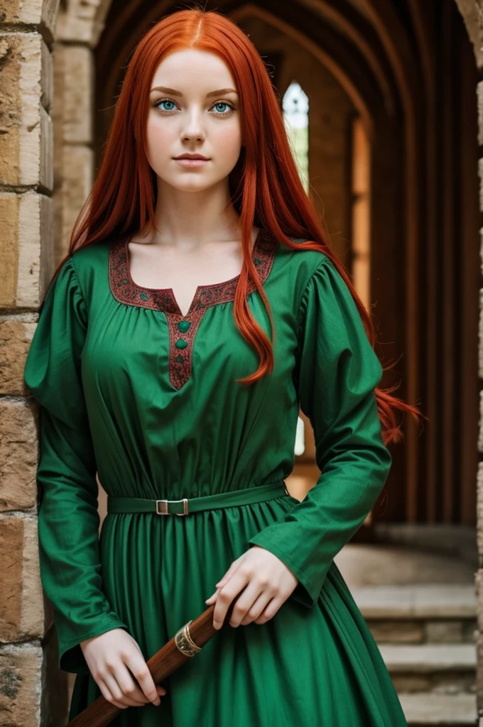 A girl with red hair and green eyes and green medieval dress