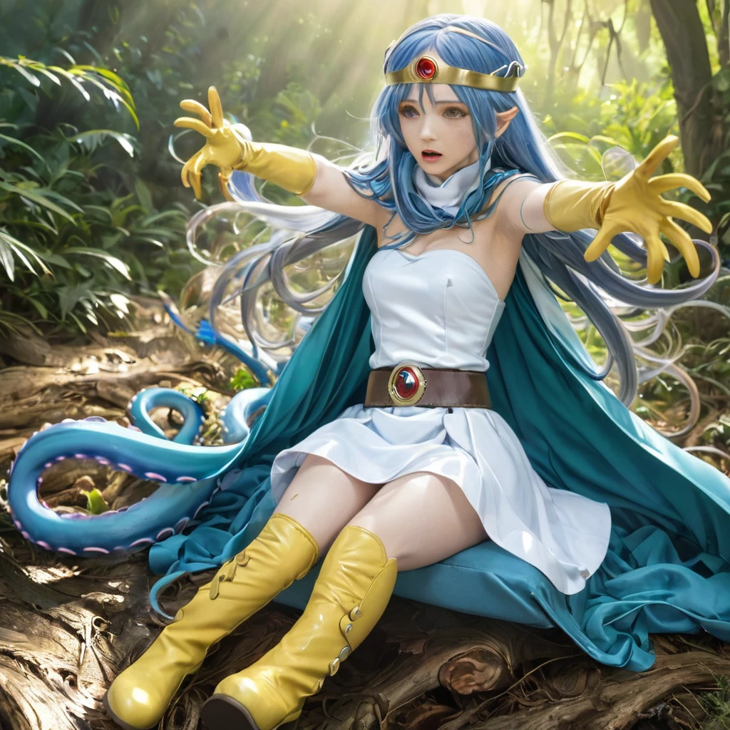 (best quality), (masterpiece), high res, all detailed, DQSage, long blue hair, red eyes, circlet, [aqua cape], white dress, strapless, belt, elbow gloves, yellow gloves, yellow boots, medium cleavage, (white underwear, panties aside, torn clothes:1.2), BREAK (NSFW), solo, 1girl, (sitting, knees to chest), arms behind head, (tentacles sex, vaginal, extend tentacles:1.15), (rape, extend tentacles, restrained:1.2), (one eye closed, crying, tears:1.2), drooling, saliva trail, sigh, blush, sweat, (forest, tentacle-pits), cinematic lighting, diffraction spikes,