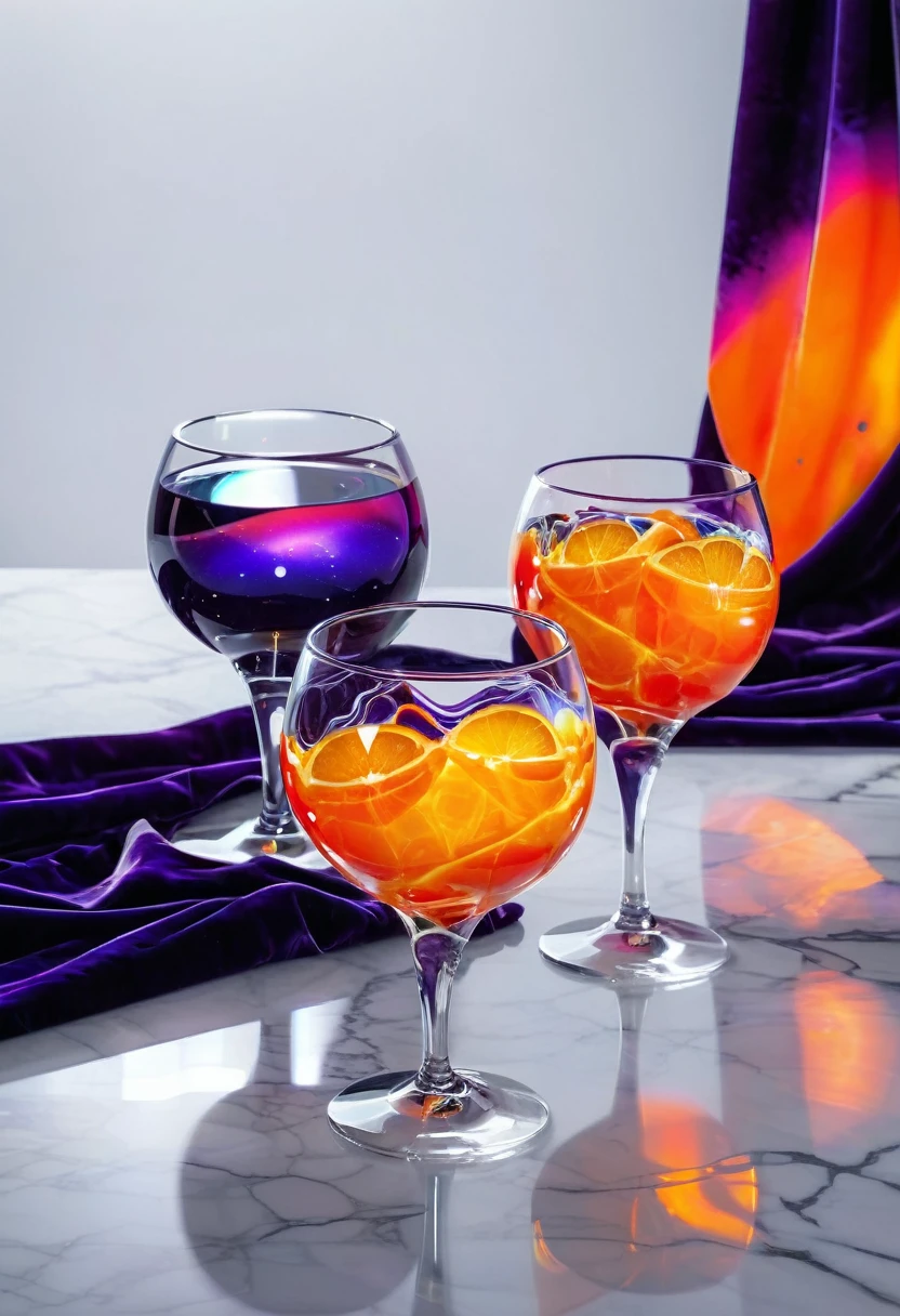 surreal glass shape, liquid glass, chromatic aberration, broken prism, refraction, light caustics, detailed illustration , oranges on a white marble table, deep purple velvet drapes, 8k, photography style,2 glasses with orange bioluminescent fluid in them, on a white marble table, bioluminescent, colorfull, glow, 