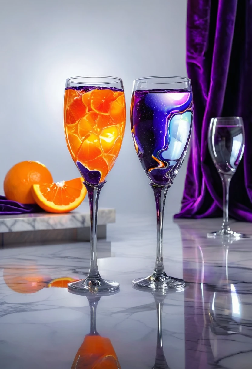 surreal glass shape, liquid glass, chromatic aberration, broken prism, refraction, light caustics, detailed illustration , oranges on a white marble table, deep purple velvet drapes, 8k, photography style,2 glasses with orange bioluminescent fluid in them, on a white marble table, bioluminescent, colorfull, glow,