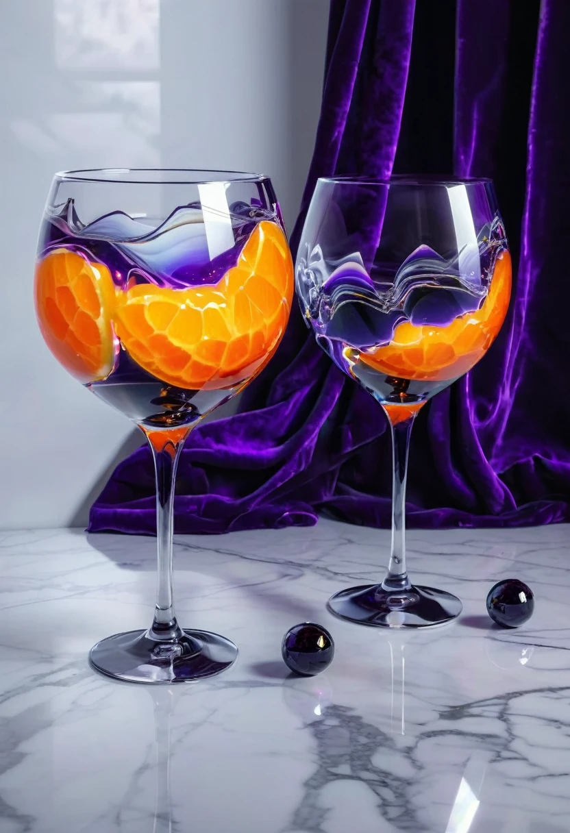 surreal glass shape, liquid glass, chromatic aberration, broken prism, refraction, light caustics, detailed illustration , oranges on a white marble table, deep purple velvet drapes, 8k, photography style,2 glasses with orange bioluminescent fluid in them, on a white marble table, bioluminescent, colorfull, glow,