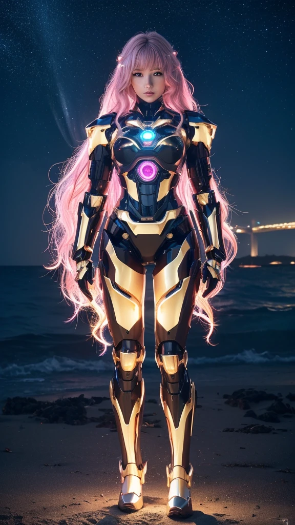 Best quality, masterpiece, awards winning photograph, 1girl, ((extremely beautiful)), full makeups, pink wavy hair, ((realistic)), ((hair blown by the winds)), glowing pink eyes, ((slim body)), (gold and black luminous mecha armor colors), ((luminous mechanical armor)), ex Machina armor, ((full luminous mecha armor)), ((epic luminous mecha armor details)), android girl, perfect face, ((full body shown)), night at beach, full of stars, aurora borealis, nebula skies, shooting stars, cinematic light, epict lights details, ((symmetrical pose)), from below.