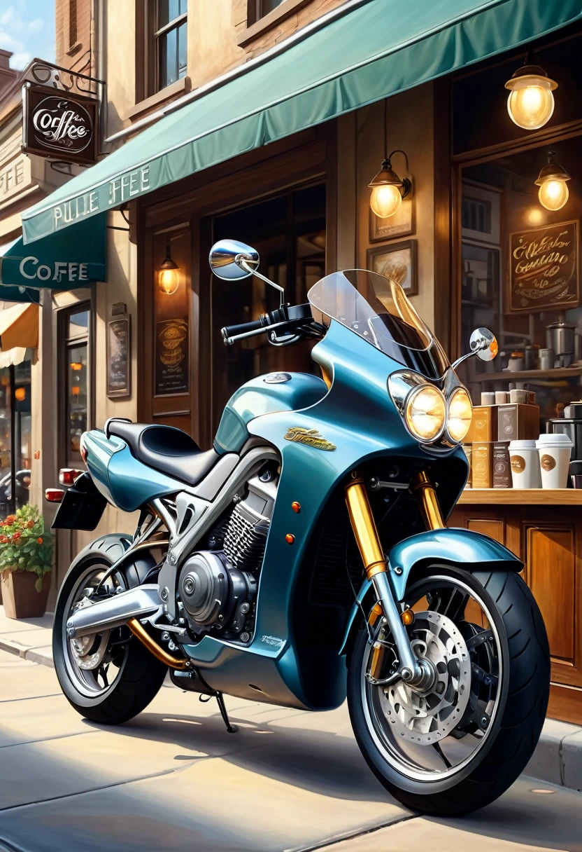 ( perfect anatomy )masterpiece, Beautiful detailed fresh and elegant aesthetic style airbrush digital oil painting beautiful artwork to create a fresh morning coffee shop scene photo,an electric motorcycle(Novel style,Unique)Closeup motorcycle( perfect anatomy ) Parked elegantly on the street next to the coffee shop.coffee shop scene masterpiece, Highly detailed, photo-realistic original photos, The best film quality, extremely delicate texture, high-quality works of art masters