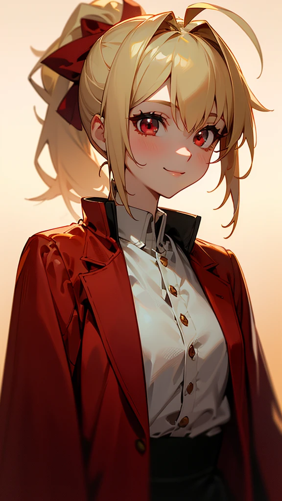 1 Girl、8K、Sharp focus、(Bokeh) (Highest quality) (Detailed skin:1.3) (Intricate details) (anime)、 years old、Blonde ponytail、Ahoge、Beautiful red eyes、smile、Red coat、White shirt、Slender body、From the side、Upper body close-up、Golden Hour Sky
