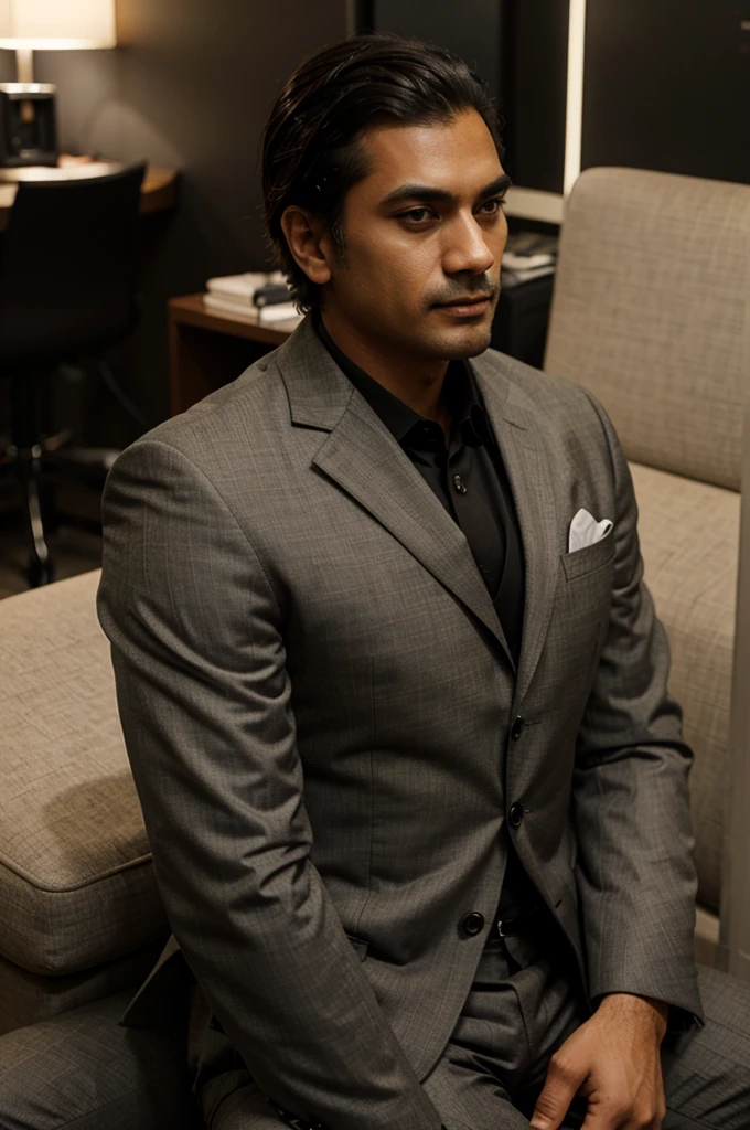 A man sitting in a suit with Muh Azlan written on his back 