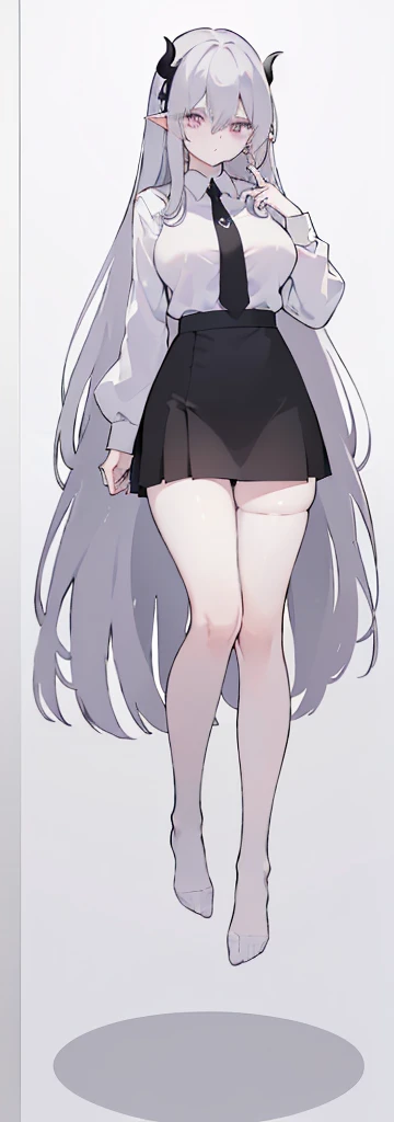 (((Long Grey hair))),Grey hair,kawai,(((Eyes visible from bangs,hair over eyes:1.3))),,Huge breasts,(purple color eyes),,(purple slanted eyes),1girl in,bangs,long greyy hair, pantyhose,Cowboy Shot,white background,Straight hair hair,(On both sides of the head has sharp black devil horns) ((head bowed pose)) Ter's hair flows straight down, has two sharp black horns (slant purple eyes) (((wearing a perfect white shirt))) white shirt sleeves should be folded to the elbows ((Don't wear any ties (wear a black skirt,) (showing her bare thighs) Long black skirt split at the thighs, perfect white shirt, no accessories like a tie (sexy body) Bare thighs without wearing any socks, The character's body is visible from head to ankle, ((Tall slim perfect body)) (tight black skirt) full body full body full body full body (Full body image) legs wearing a short white loose t-shirt, Perfect long toe legs kawai, Long slim legs