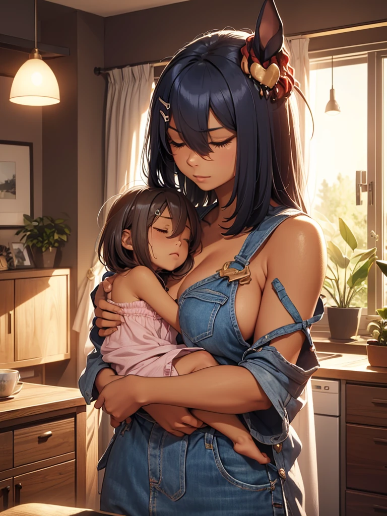 (​masterpiece、top-quality、hight resolution、Unity 8k Wallpaper、extremely details CG:1), A tender scene of a mother carrying her tired  in her arms. The mother, dressed in comfortable clothing, gently cradles the  who is resting their head on her shoulder, eyes half-closed from exhaustion. The mother's expression is one of gentle concern and love as she supports the  with both arms. The background is a softly lit home interior, with warm colors and cozy furniture, enhancing the sense of comfort and care in the moment. The overall atmosphere is peaceful and nurturing, capturing a moment of maternal love. Hishi Amazon (umamusume)