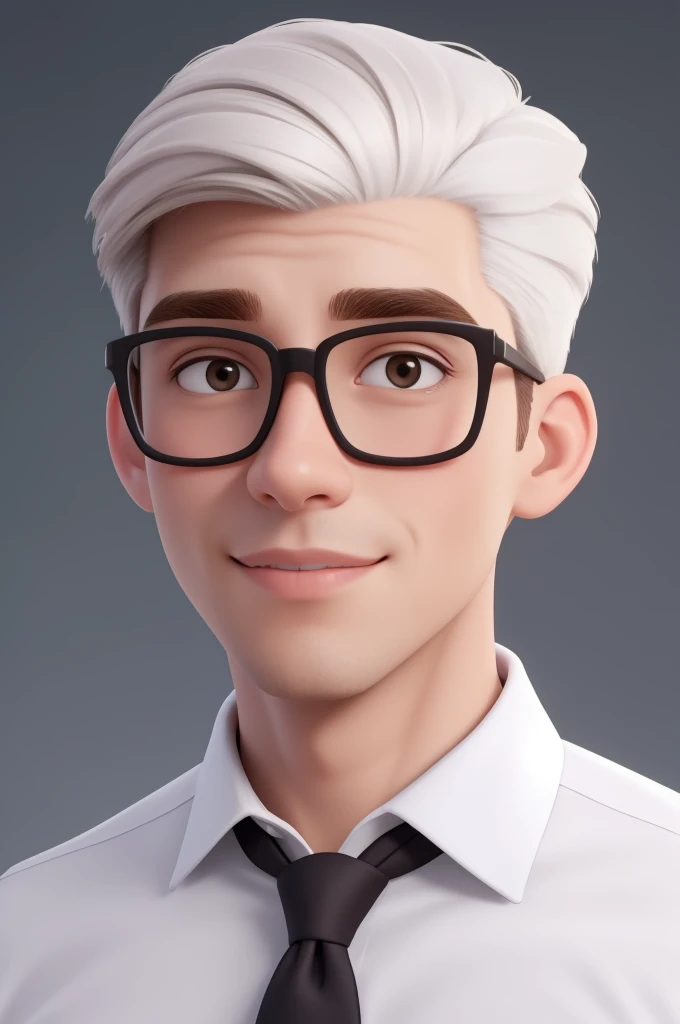 a man of 30, with short brown hair,it&#39;s made of diamonds, strict look, and brown eyes, Wearing white white shirt with tie and glasses.