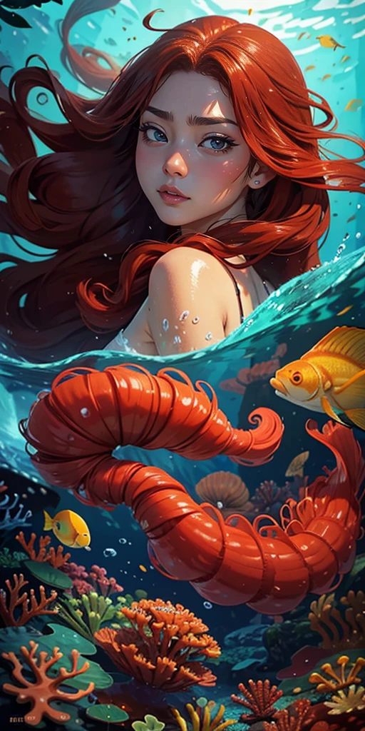(must-have piece), (best quality), highly detailed, 1 25 year old girl, full-length solo shot, perfect face, beautiful girl, highly detailed face, (long curly red hair: 1.5), (green eyes: 1 ,4), (float: 1.4 ), (in water: 1.4), seabed, bubble, school of fish, coral reef, small, light, jellyfish, algae, red fish, yellow fish, deep sea , fancy