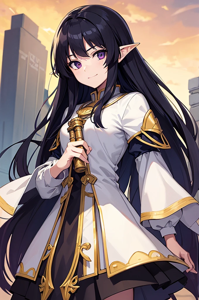 Highest quality, masterpiece, High resolution, alone, (Fire emblem),(FE Heroes_Ayla),Evening sky_background,Young Girl,(smug face),(black_Hair Color), (Straight Long_Hairstyle),4K, masterpiece,, alone, 1,whole body,looking at the camera, White Domaru,(purple_coat)Sharp Eyes,(Full Finger), (Cane_Swing up), (The finer details), (Anatomically correct), (映画のbackground), Hyper Detail, (Subtle details), (Intricate details)